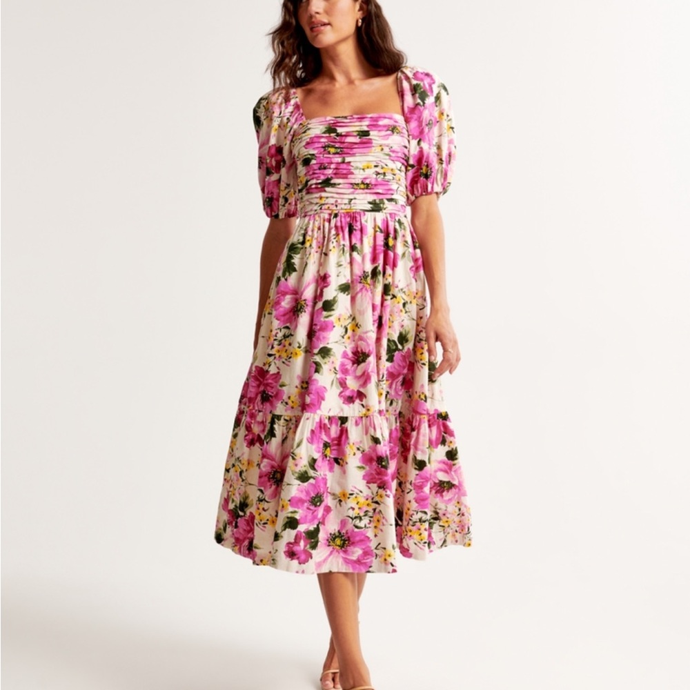The A&F Emerson Linen Blend Puff Sleeve Midi Dress